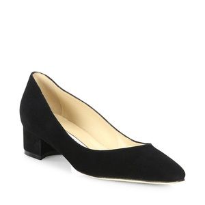 Manolo Blahnik Listony Suede Black Leather Block Heel Shoes Pumps